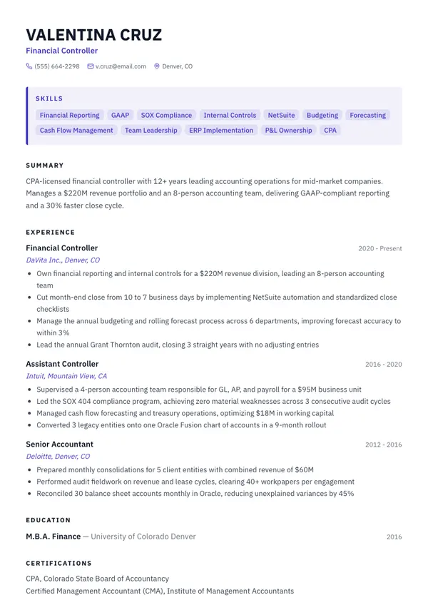 Financial Controller resume example — full one-page sample