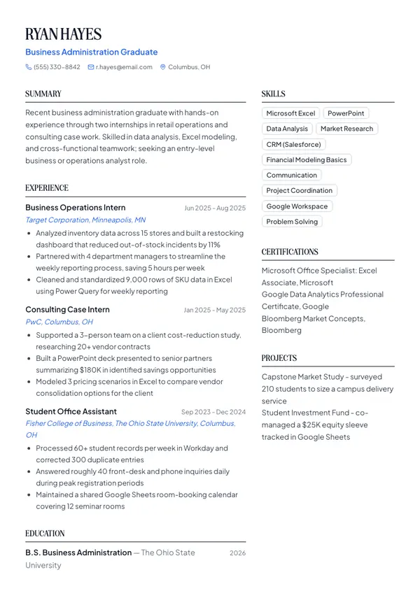 Fresher / Recent Graduate resume example — full one-page sample