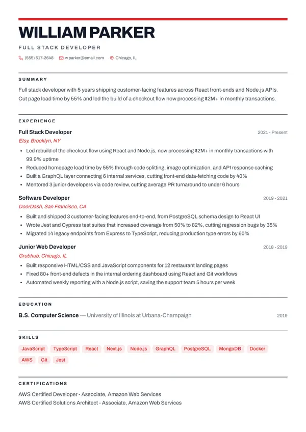 Full Stack Developer resume example rendered in the Gridline template