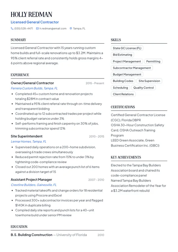 General Contractor resume example — full one-page sample