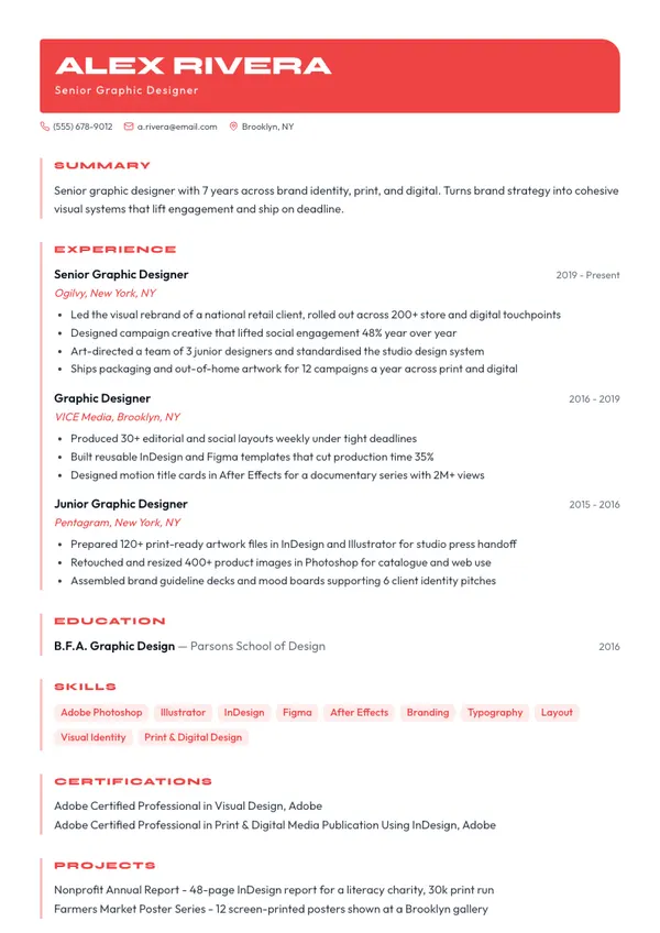 Graphic Designer resume example — full one-page sample