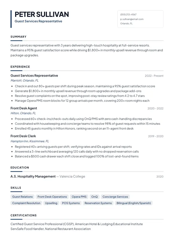 Guest Services Representative resume example โ full one-page sample