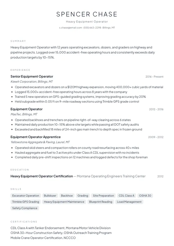 Heavy Equipment Operator resume example — full one-page sample