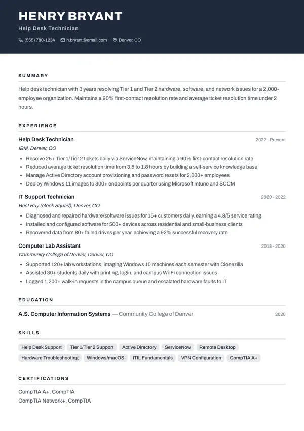 Help Desk Technician resume example โ full one-page sample