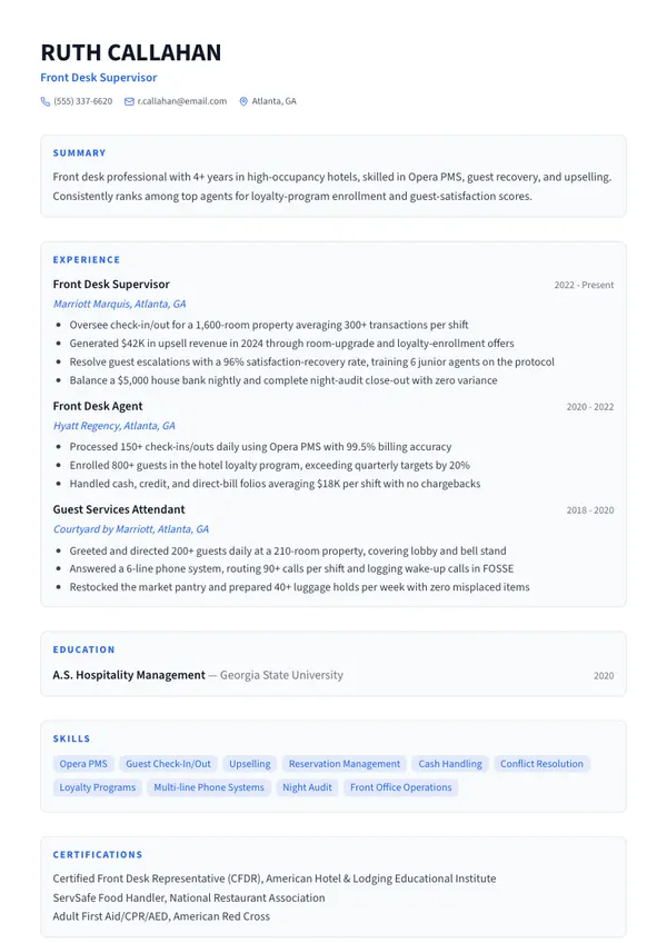 Hotel Front Desk Agent resume example — full one-page sample