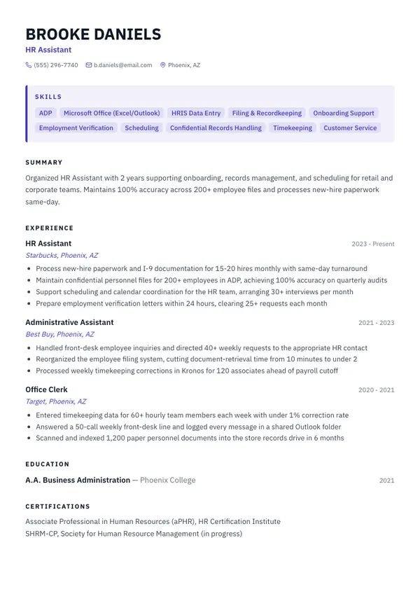 HR Assistant resume example — full one-page sample