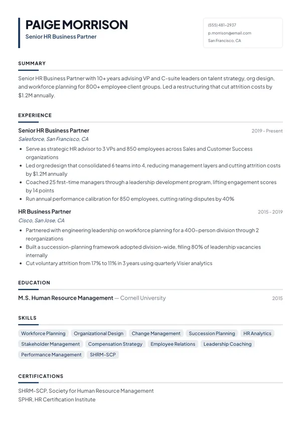 HR Business Partner resume example — full one-page sample
