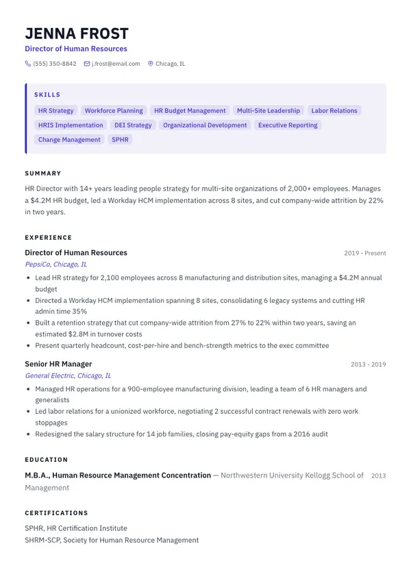 HR Director resume example — full one-page sample