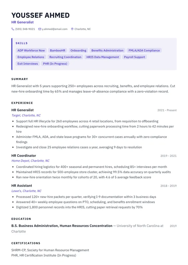 HR Generalist resume example — full one-page sample