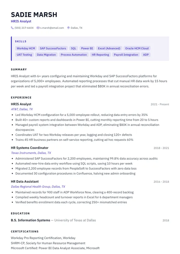 HRIS Analyst resume example — full one-page sample