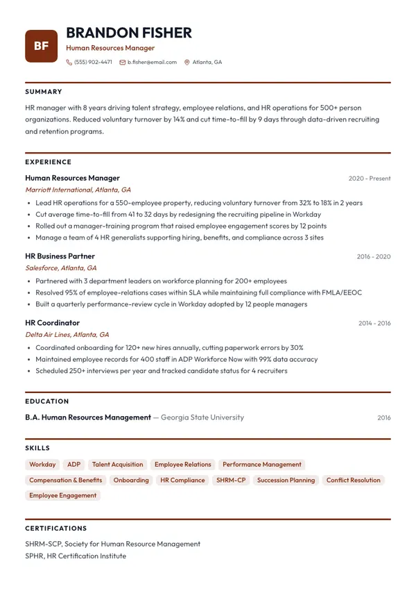 Human Resources Manager resume example — full one-page sample