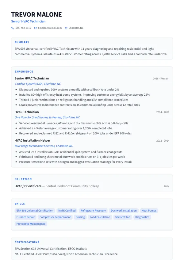 HVAC Technician resume example — full one-page sample