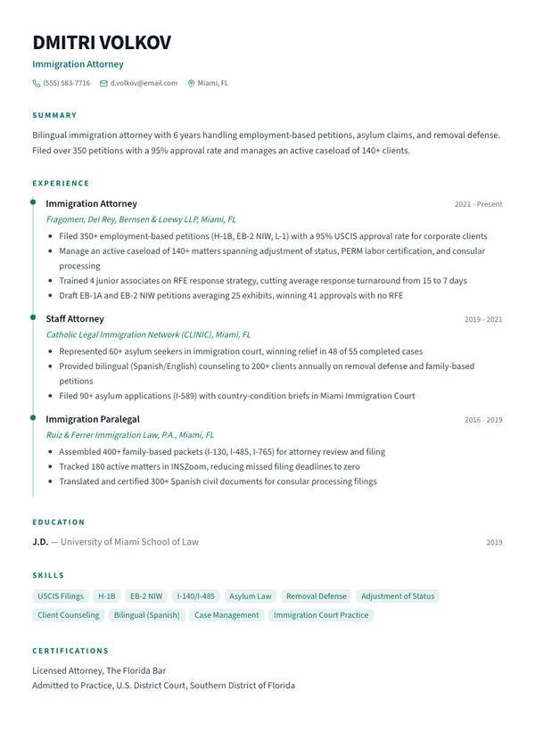 Immigration Attorney resume example — full one-page sample