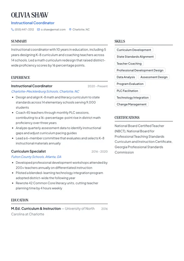 Instructional Coordinator resume example — full one-page sample