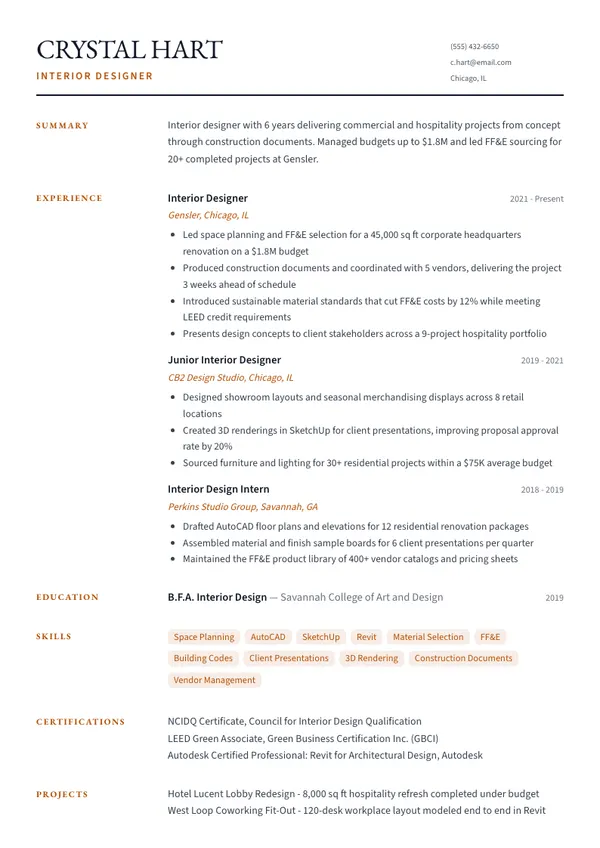 Interior Designer resume example — full one-page sample