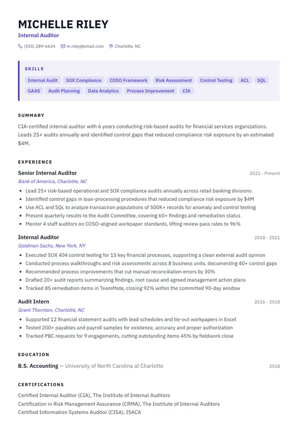 Internal Auditor resume example — full one-page sample