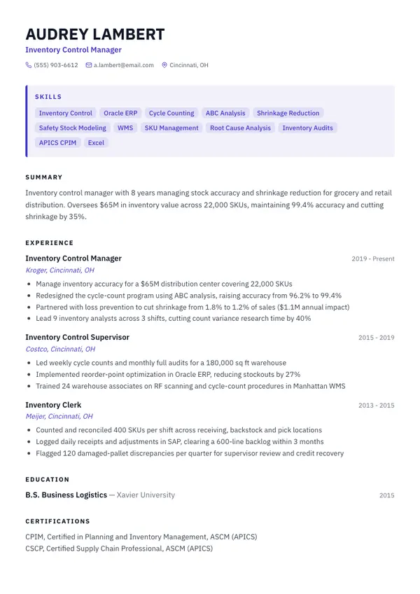 Inventory Control Manager resume example — full one-page sample