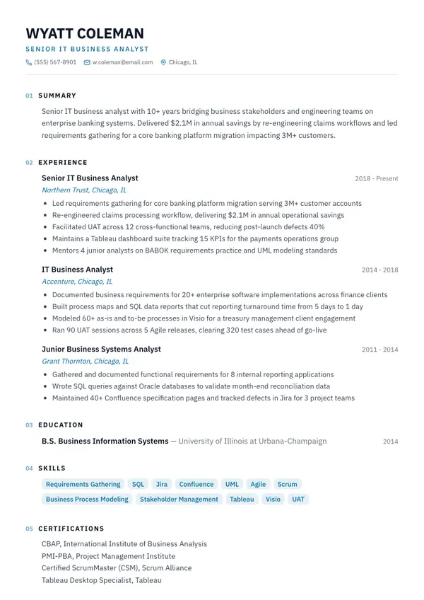 IT Business Analyst resume example — full one-page sample