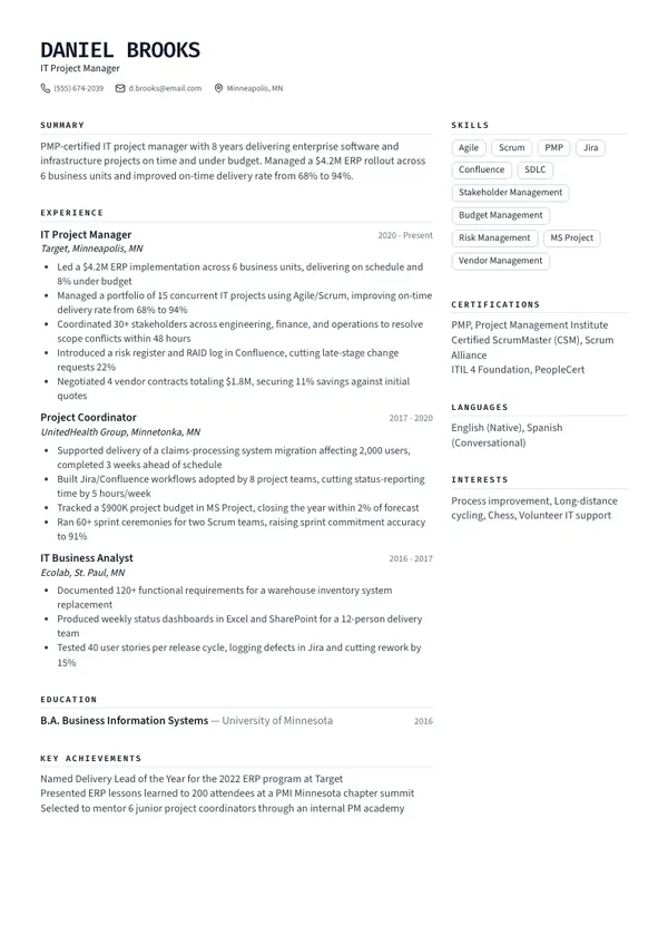 IT Project Manager resume example — full one-page sample