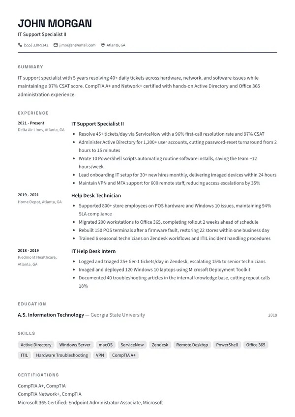 IT Support Specialist resume example — full one-page sample