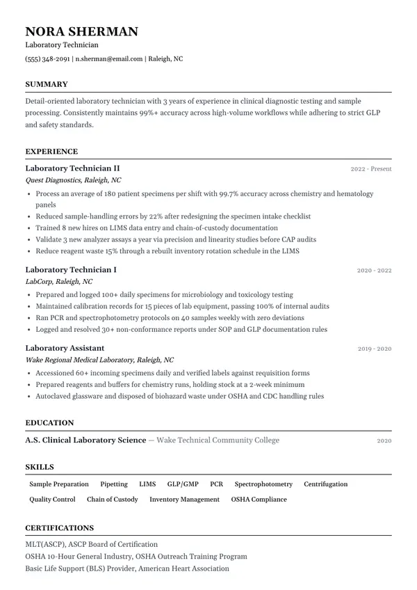 Laboratory Technician resume example — full one-page sample