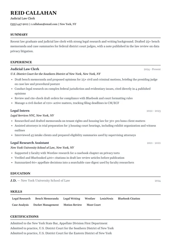 Law Clerk resume example — full one-page sample
