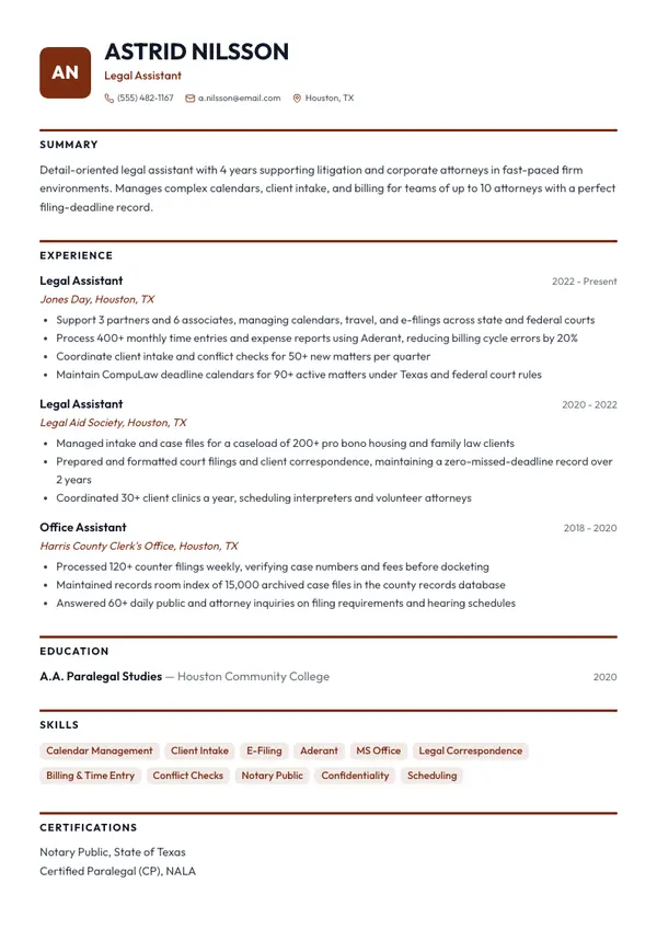 Legal Assistant resume example — full one-page sample