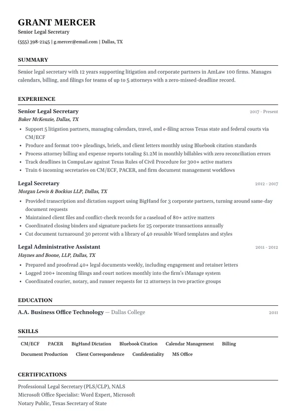 Legal Secretary resume example — full one-page sample