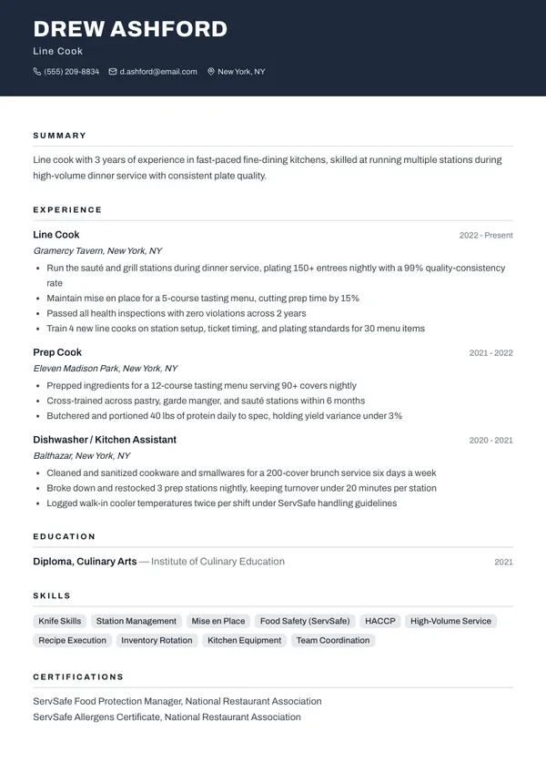 Line Cook resume example — full one-page sample