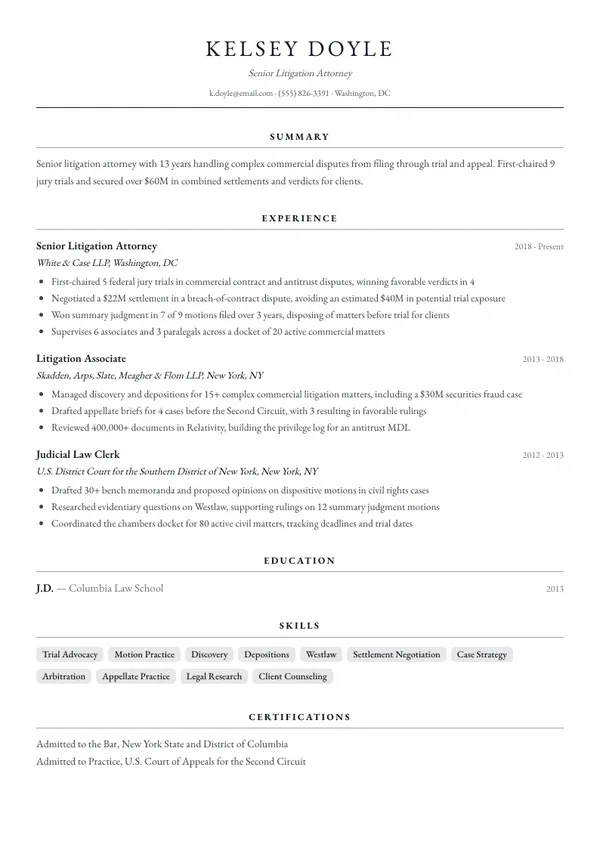 Litigation Attorney resume example — full one-page sample