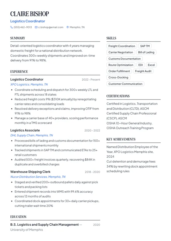 Logistics Coordinator resume example — full one-page sample
