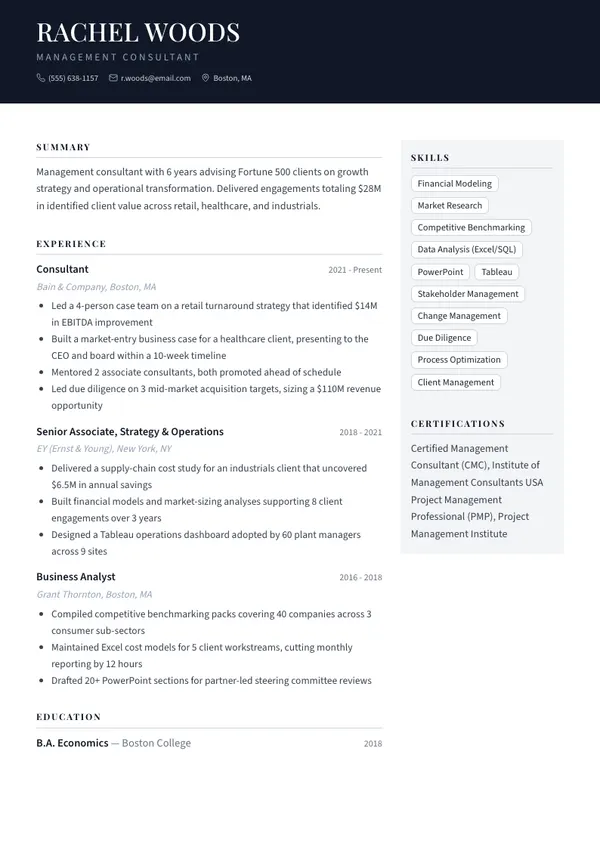 Management Consultant resume example — full one-page sample