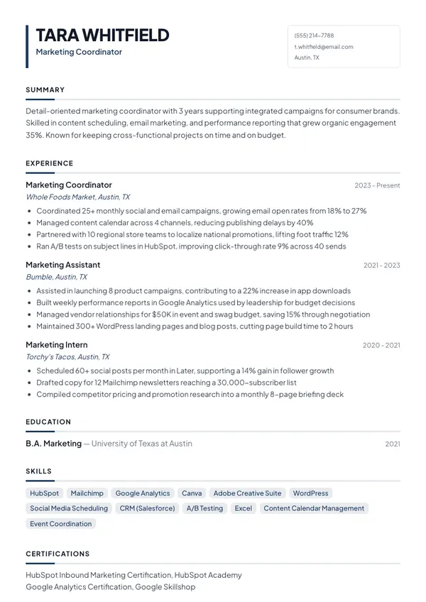 Marketing Coordinator resume example — full one-page sample