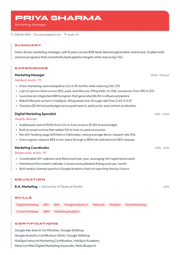Marketing Manager resume example — full one-page sample