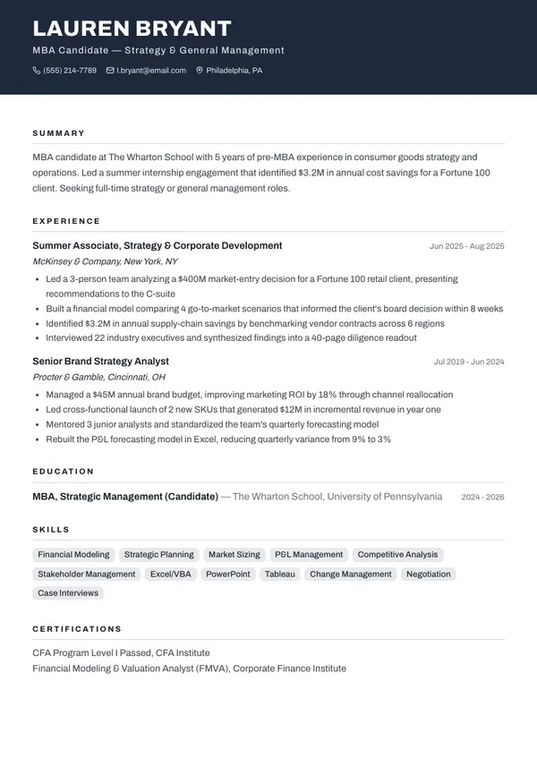 MBA / Business Graduate resume example — full one-page sample