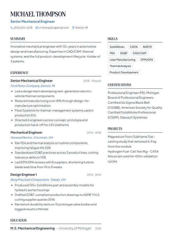 Mechanical Engineer resume example — full one-page sample