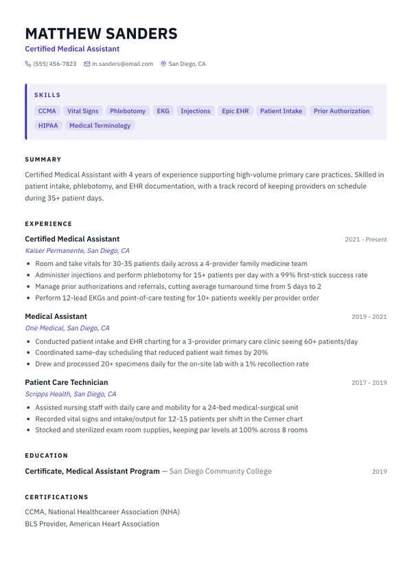 Medical Assistant resume example — full one-page sample