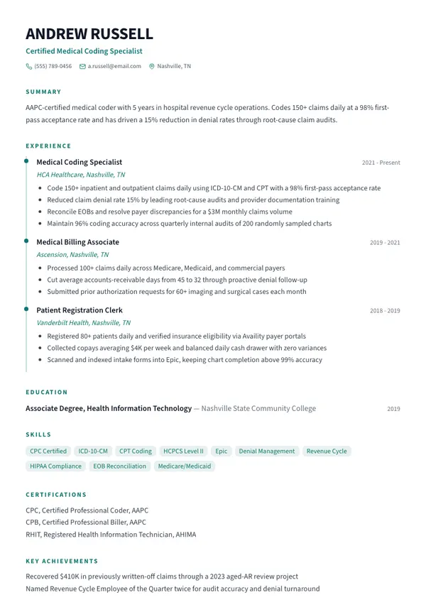 Medical Billing and Coding Specialist resume example — full one-page sample