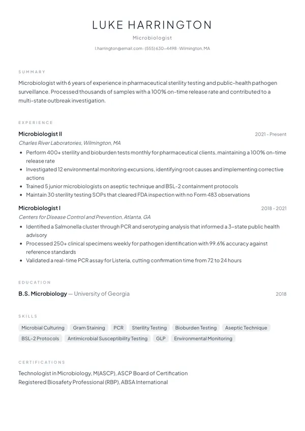 Microbiologist resume example — full one-page sample