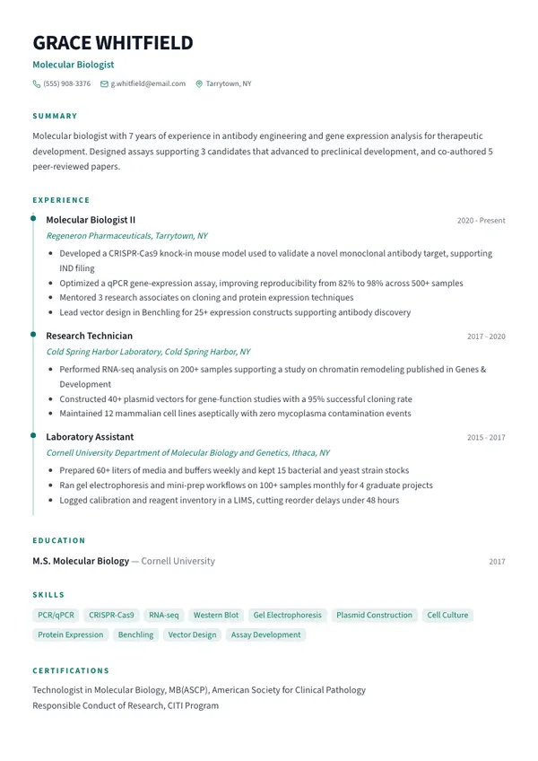 Molecular Biologist resume example — full one-page sample