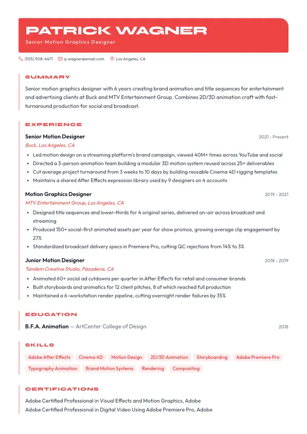 Motion Graphics Designer resume example — full one-page sample