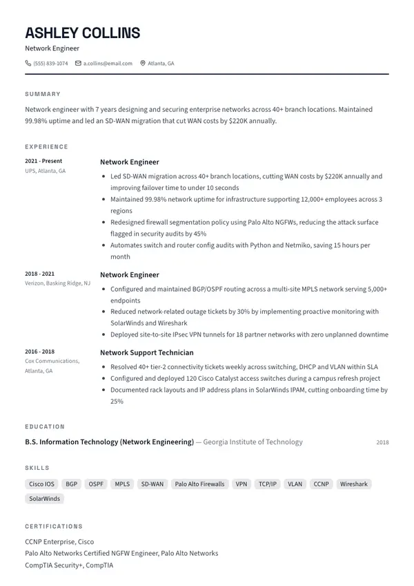Network Engineer resume example — full one-page sample