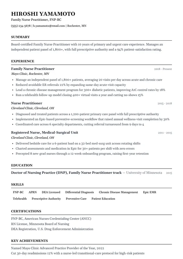 Nurse Practitioner resume example — full one-page sample