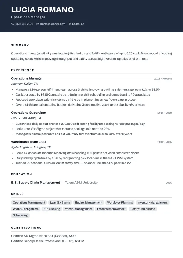 Operations Manager resume example — full one-page sample