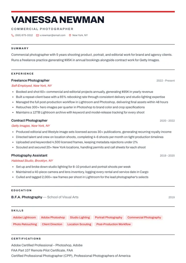 Photographer resume example — full one-page sample