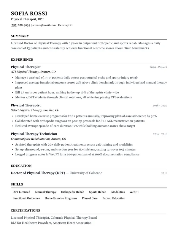 Physical Therapist resume example — full one-page sample