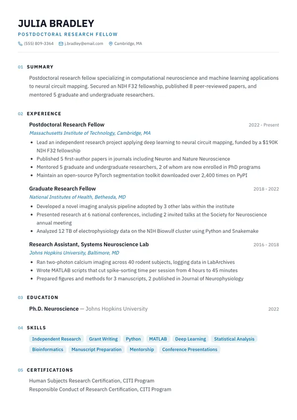 Postdoctoral Research Fellow resume example — full one-page sample