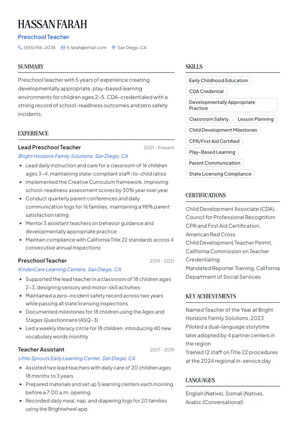 Preschool Teacher resume example — full one-page sample