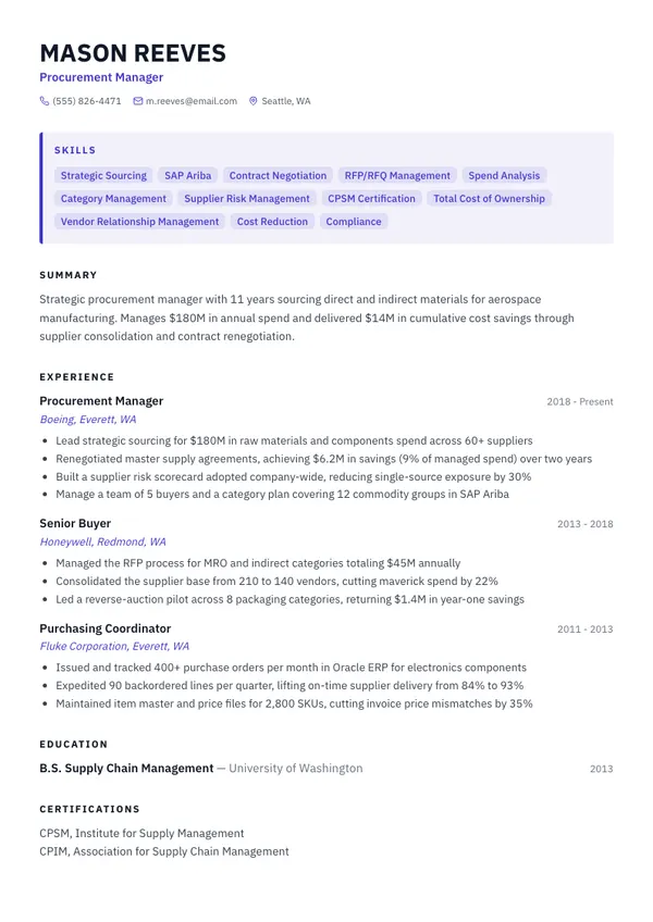 Procurement Manager resume example — full one-page sample