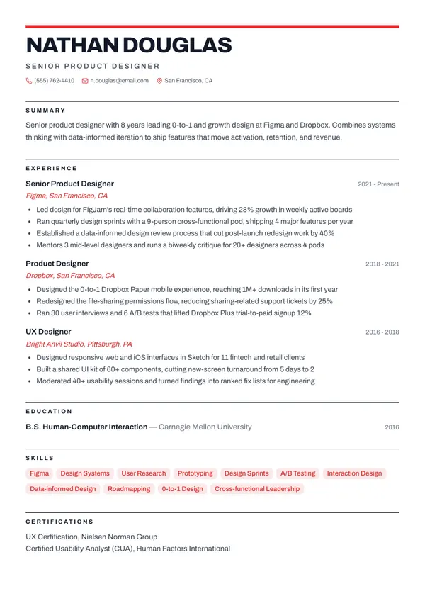 Product Designer resume example — full one-page sample